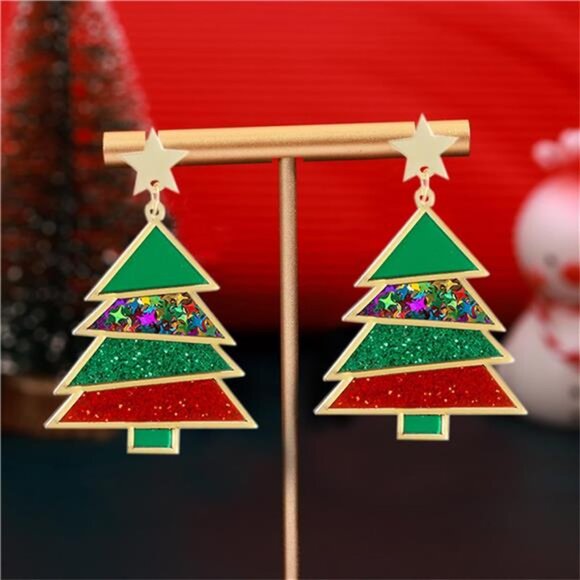 Red & Green Acrylic Christmas Earrings | Festive Holiday Tree Jewelry Gift - Picture 2 of 6